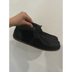 $120 OLUKAI Womens POKO Ankle Shoes 10 40 Black Suede Leather Tie Flats